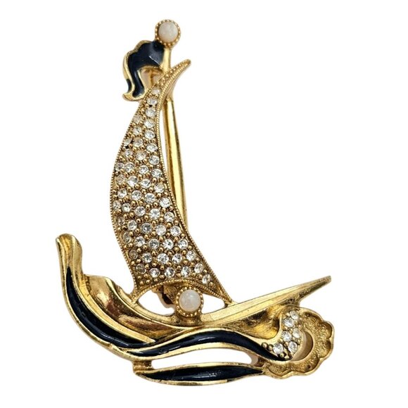 1928 Brand Sail Boat Brooch Clear Rhinestone Blue Enamel Vintage Pin - Picture 1 of 8
